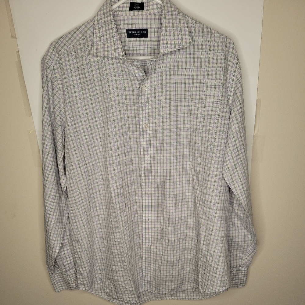 Peter Millar Mens Button Down Dress Shirt Size L White Multi-Color Plaid Cotton